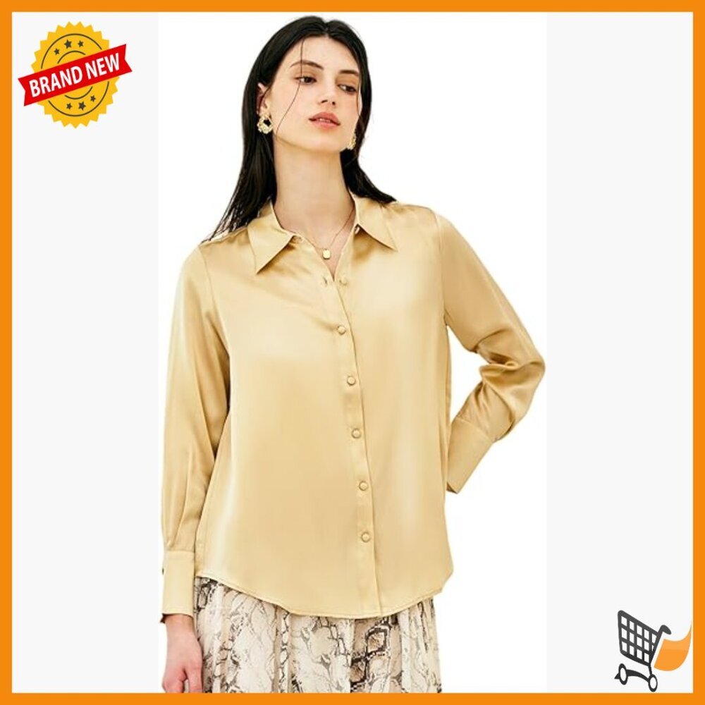 100% Pure Silk Button Down Blouse Long Sleeve Fitted V-Neck Elegant Top